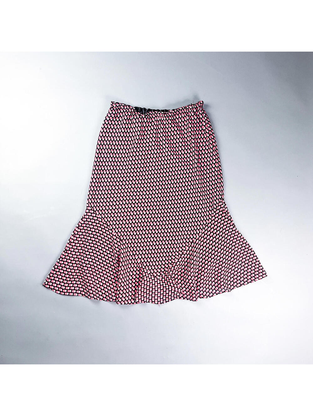Y2K Pink and Black Patterned Flared Midi Skirt